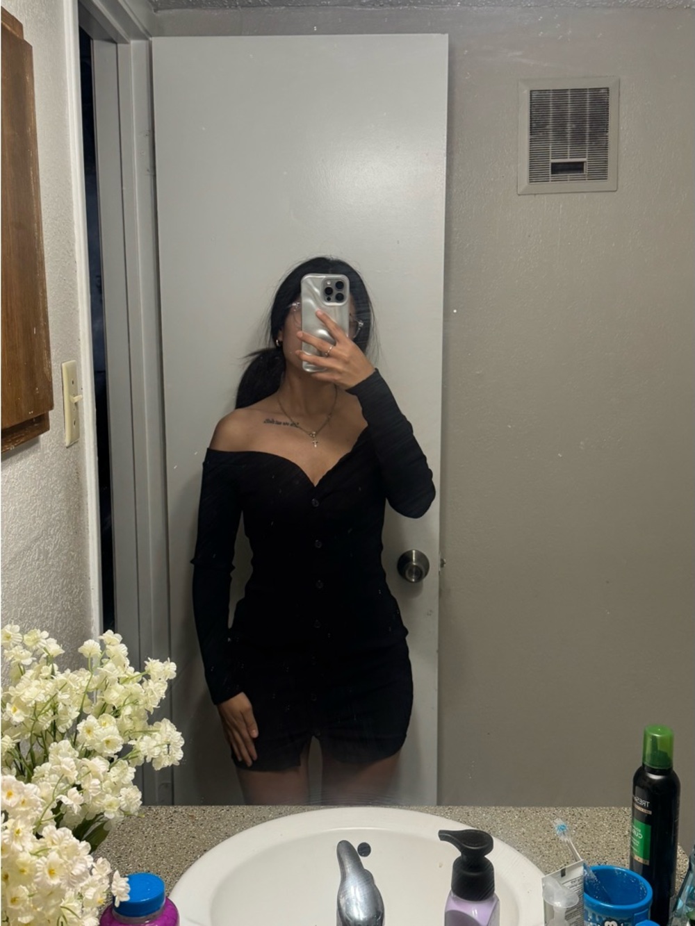 Fashion Nova Black One-Shoulder Button Bodycon Dress